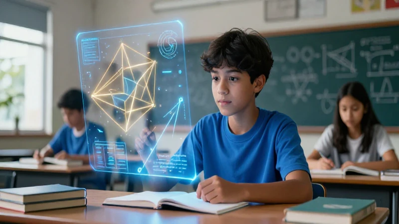 Estudiante enfocado en aula moderna con hologramas de matemáticas