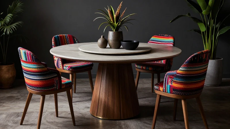 Mesa redonda con sillas modernas y decoraciones mexicanas vibrantes