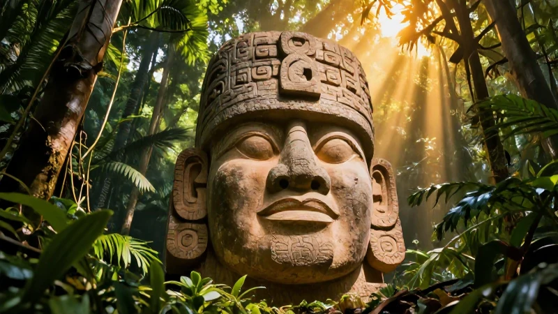 Cabeza Olmeca monumental en selva iluminada