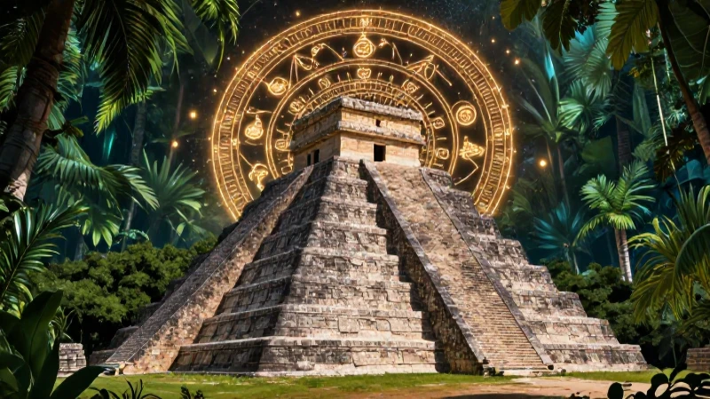 Pirámide maya majestuosa con patrones celestes