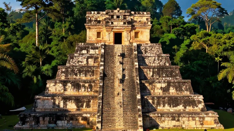Majestuoso templo maya iluminado en la selva