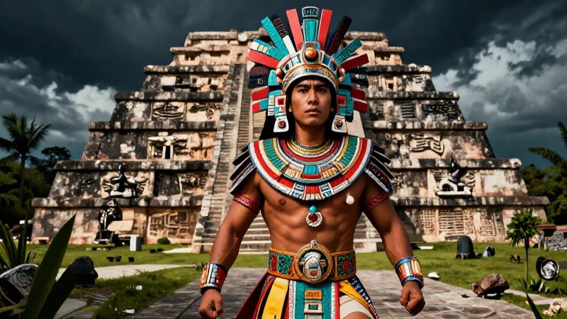Guerrero azteca majestuoso en escena dramática