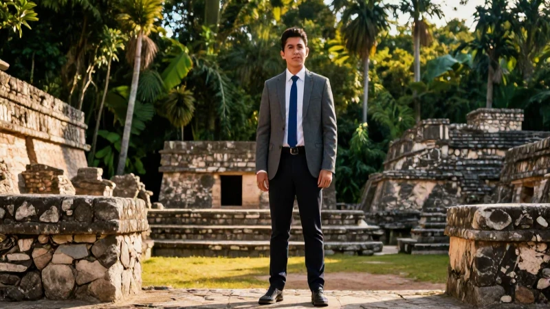 Estudiante moderno entre ruinas mesoamericanas y selva