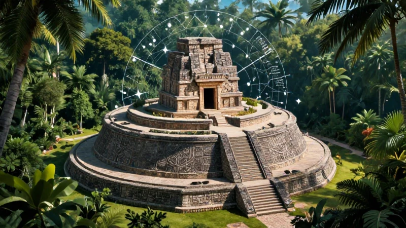 Observatorio maya detallado bajo la selva con iluminación dramática