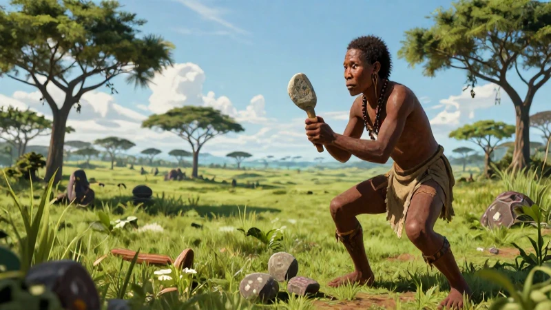 Ilustración de hombre mesolítico con herramienta en sabana