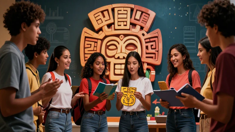 Estudiantes latinoamericanos interactúan con símbolos mesoamericanos
