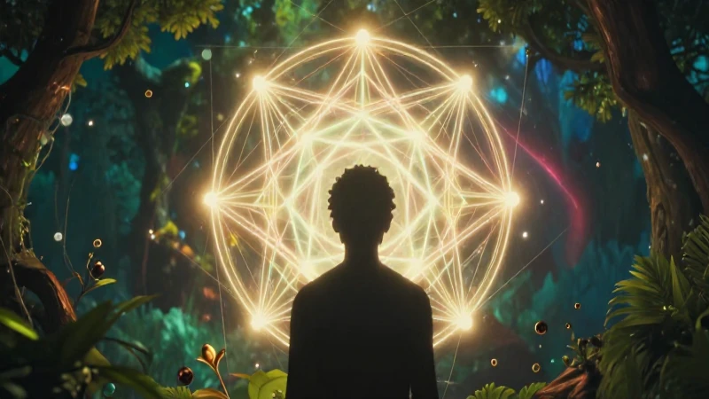 Ilustración educativa de silueta humana contemplando estructura geométrica luminosa