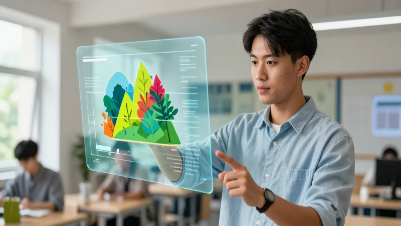 Joven docente interactúa con gráficos holográficos digitales