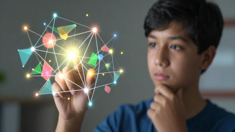 Estudiante interactúa con datos abstractos brillantes