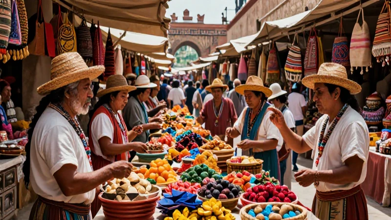 Mercado azteca vibrante con alto detalle cinematográfico