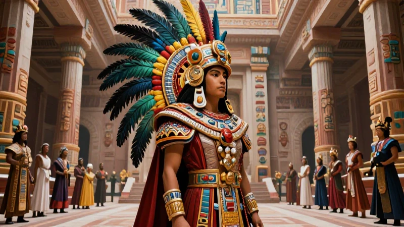 El imperio Mexica: una Conoce organización social avanzada 3 Noble mexica en palacio azteca, ilustración detallada