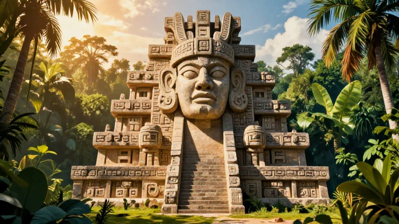 Escultura mesoamericana real en selva mágica