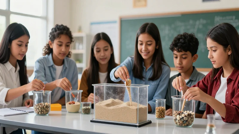 Estudiantes separando arena y piedras