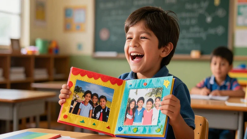 Optimiza y crea recuerdos: consejos para un álbum de preescolar inolvidable 6 Niño mexicano alegre con álbum colorido