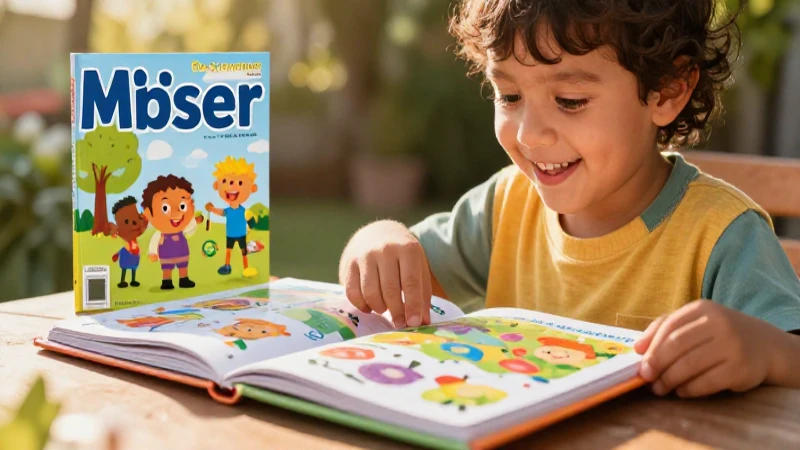 Niño feliz ve álbum educativo con luz dorada