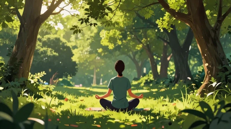 Meditación en parque iluminado con colores vibrantes