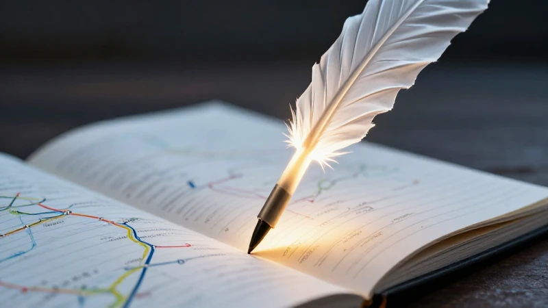 Pluma brillante sobre mapa en cuaderno