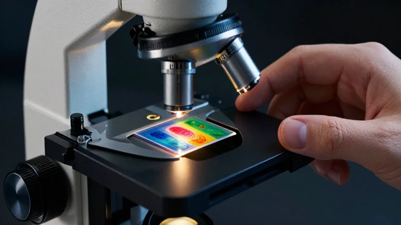 Microscopio moderno ajustando enfoque sobre muestra vibrante