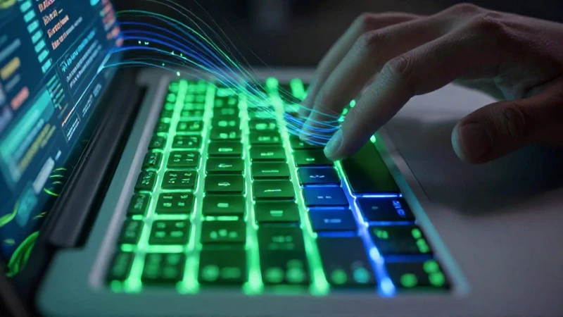 Teclado moderno con manos, luz y datos digitales