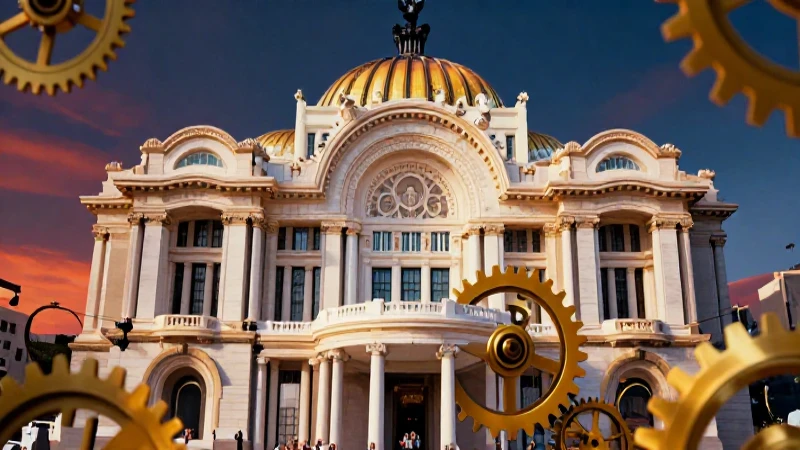 Ilustración vibrante de arquitectura mexicana moderna y gears de crecimiento