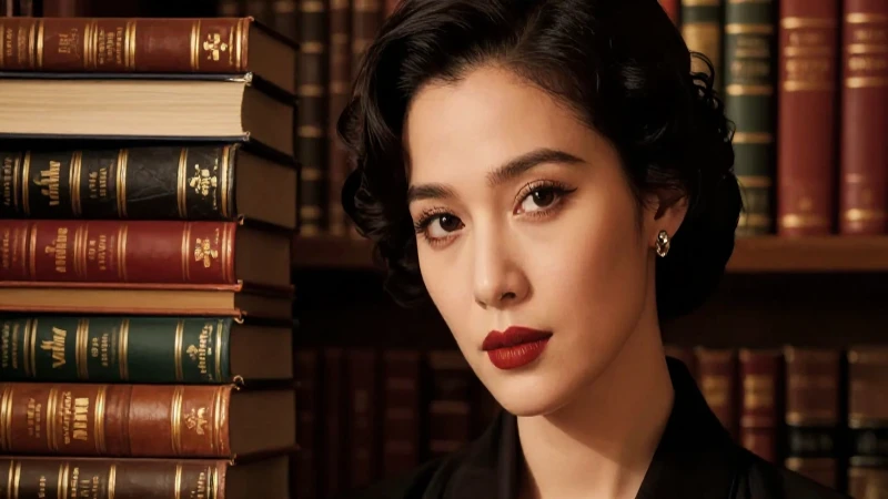 Mildred Burton: Obras y legado en la exploración literaria 3 Retrato de autora elegante en biblioteca antigua