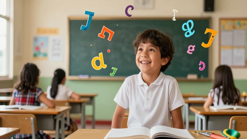 Niño feliz en aula vibrante con símbolos gramatical