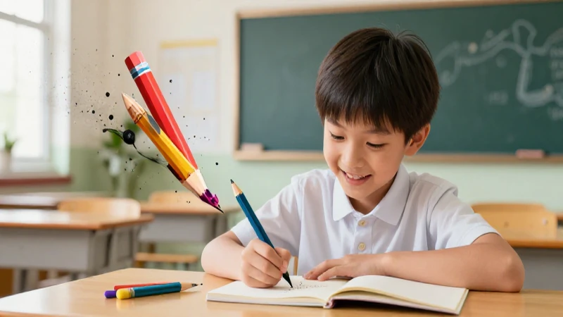 Estudiante feliz escribiendo en aula detallada