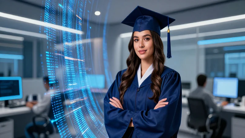 Mineduc becas para graduandos: Oportunidades en AWS 6 Ilustración dinámica de graduada mexicana con tecnología futurista