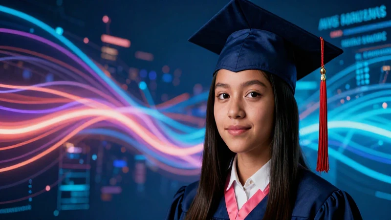 Mineduc becas para graduandos: Oportunidades en AWS 3 Fotografía vibrante de graduado mexicano y datos abstractos