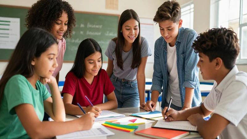 Estudiantes mexicanos colaboran alegremente en un aula moderna