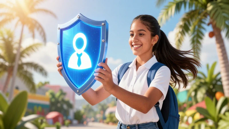 MinEduc Teléfono: Guía Completa del Seguro Escolar 9 Estudiante alegre con escudo de seguridad vibrante