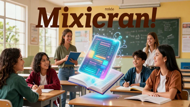 Ilustración vibrante de estudiantes mexicanos con libro holográfico