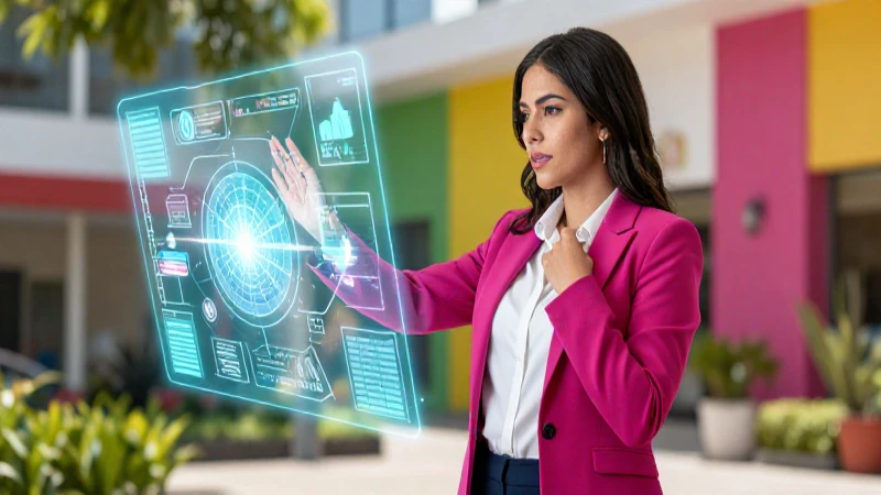 Directora ejecutiva moderna con hologramas corporativos vibrantes