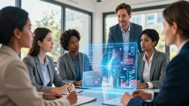 Equipo profesional discute estrategia corporativa futurista