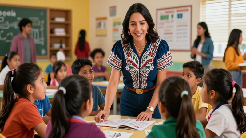 Maestra guía a alumnos en vibrante aula moderna