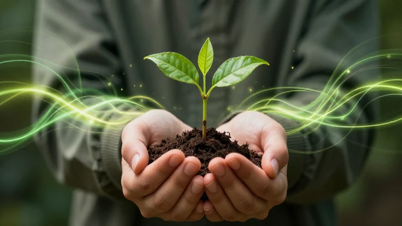 Manos protegen un brote verde bajo luz dinámica