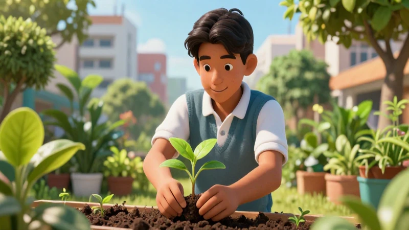 Joven estudiante mexicano planta semilla en jardín vibrante