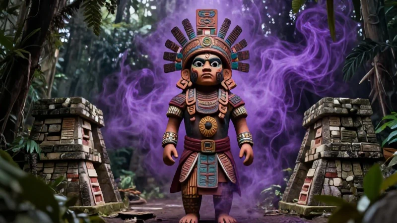 Figura nahua mística en selva antigua
