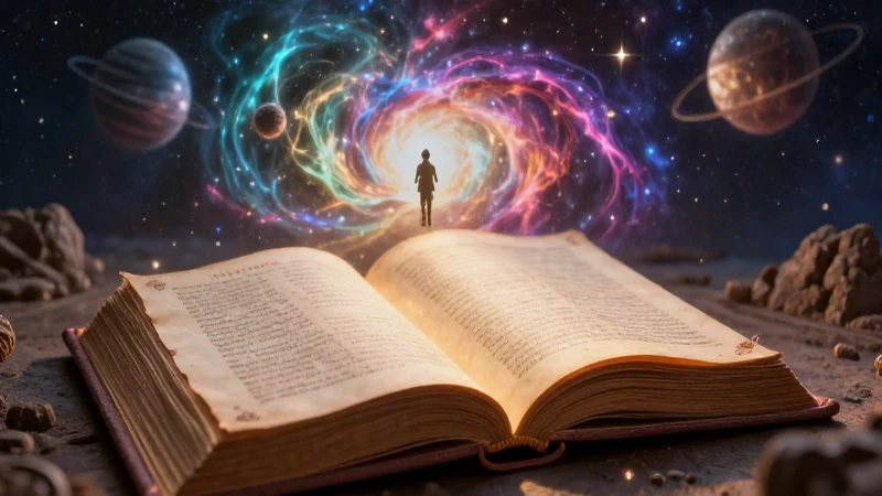 Mitos cortos: 10 ejemplos Impresionantes para descubrir 3 Libro antiguo brillante ante cosmos y figuras
