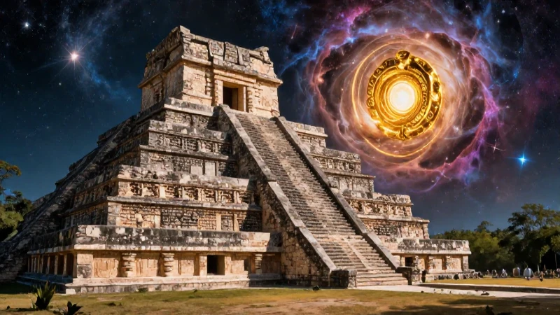 Ruinas mayas majestuosas con un artefactos cósmico dorado