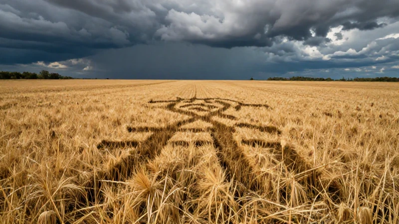 Campo agrícola estéril bajo un cielo opresivo
