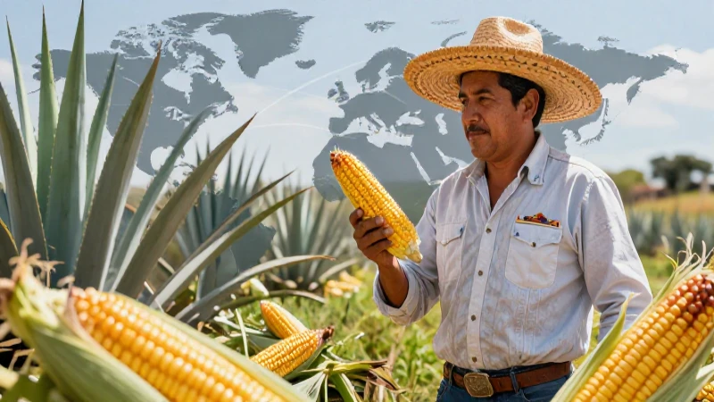 Ilustración vibrante de agricultor mexicano y comercio global