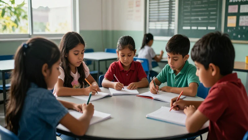 Niños mexicanos aprenden en un aula moderna e iluminada