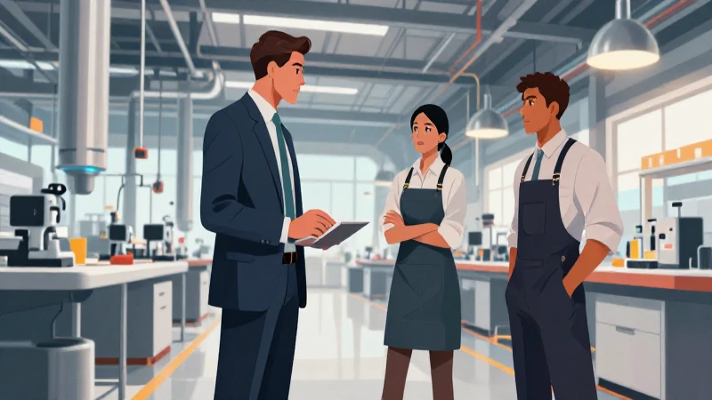 Jefe y artesano interactúan en fábrica moderna
