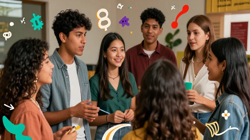 Modismos: 15 Ejemplos Que Enriquecen Tu Conversación 5 Estudiantes mexicanos en vibrante conversación moderna