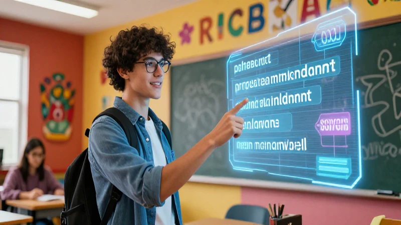 Joven señala gramática holográfica en aula vibrante