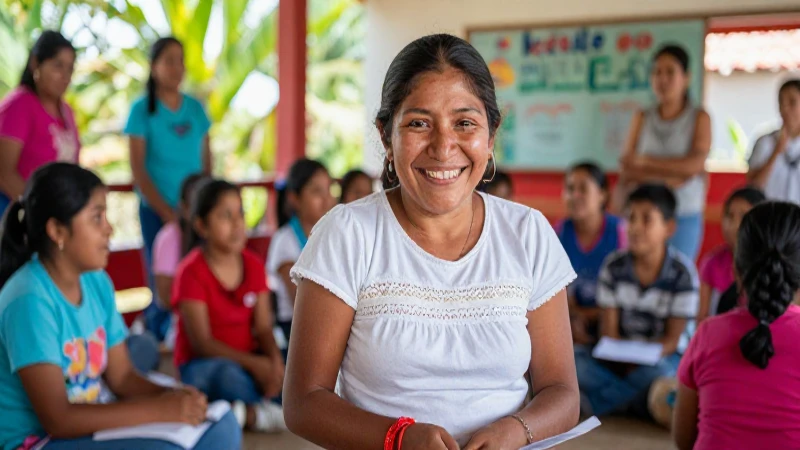 Beneficiario guatemalteco sonriente en módulo educativo vibrante
