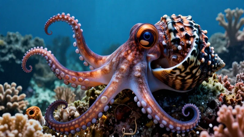 Moluscos: 40 Ejemplos Impresionantes de Estos Animales 12 Tentáculos vibrantes con concha en arrecife tropical
