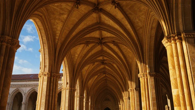 Monasterio gótico majestuoso bajo luz dorada