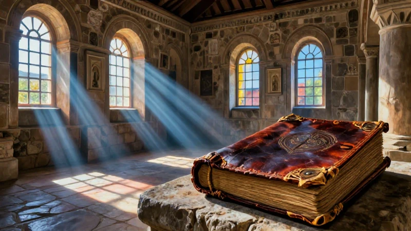 Monasterio antiguo, luz dramática, manuscrito detallado